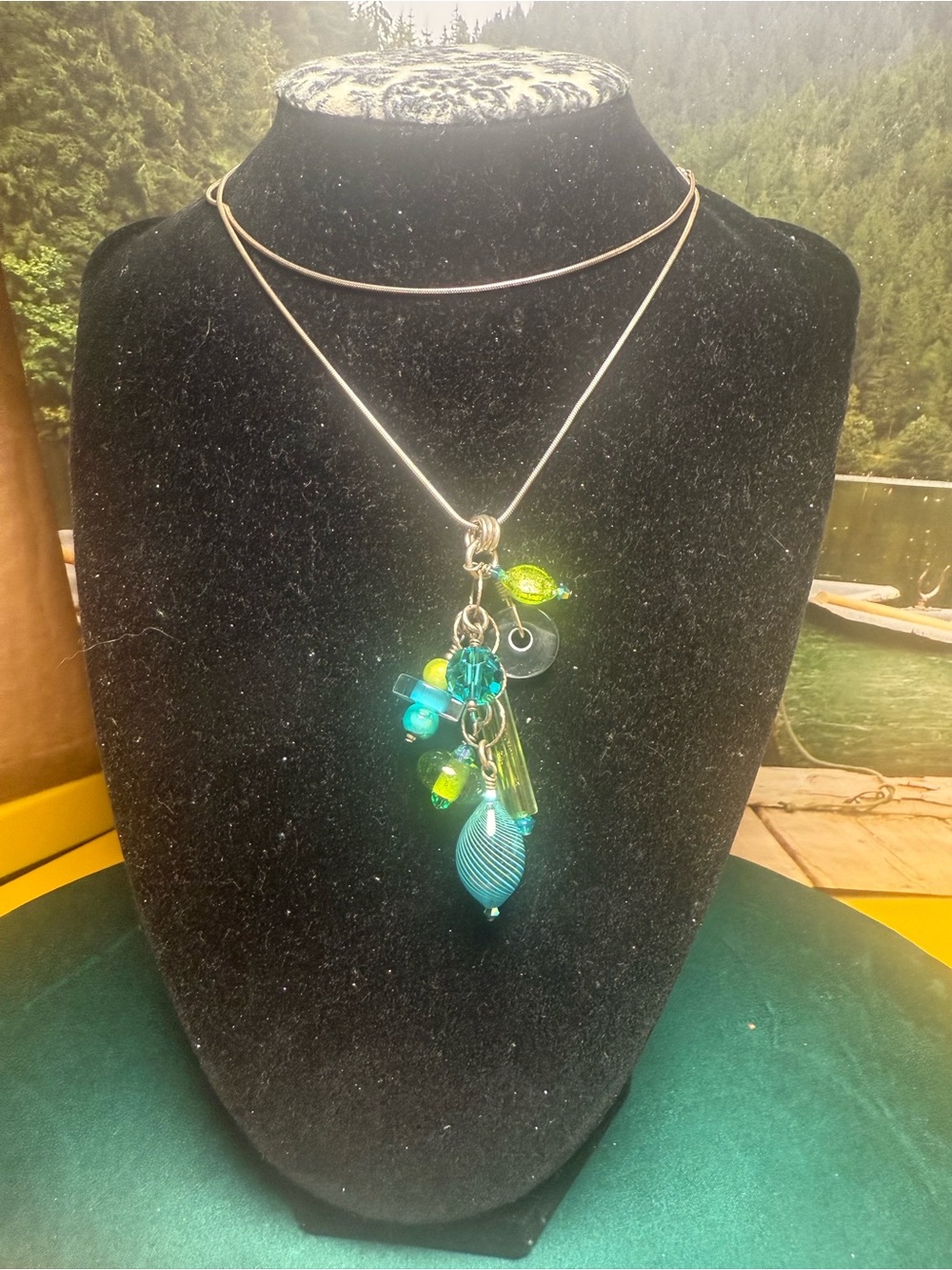 Green & Teal Glass Bead Pendant‎ 925 Silver Necklace
